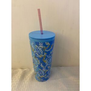 Lilly‎ Pulitzer blue gold turtle turtlely awesome 24 oz  tumbler cup pink straw